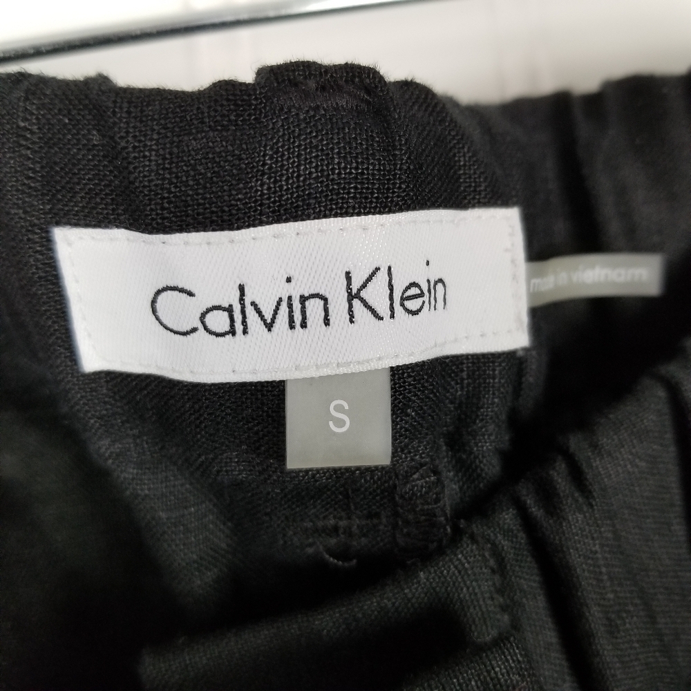 Calvin Klein Womens Black Linen Roll Tab Cuff Pants Size Small Elastic Waist Zip - Picture 8 of 11
